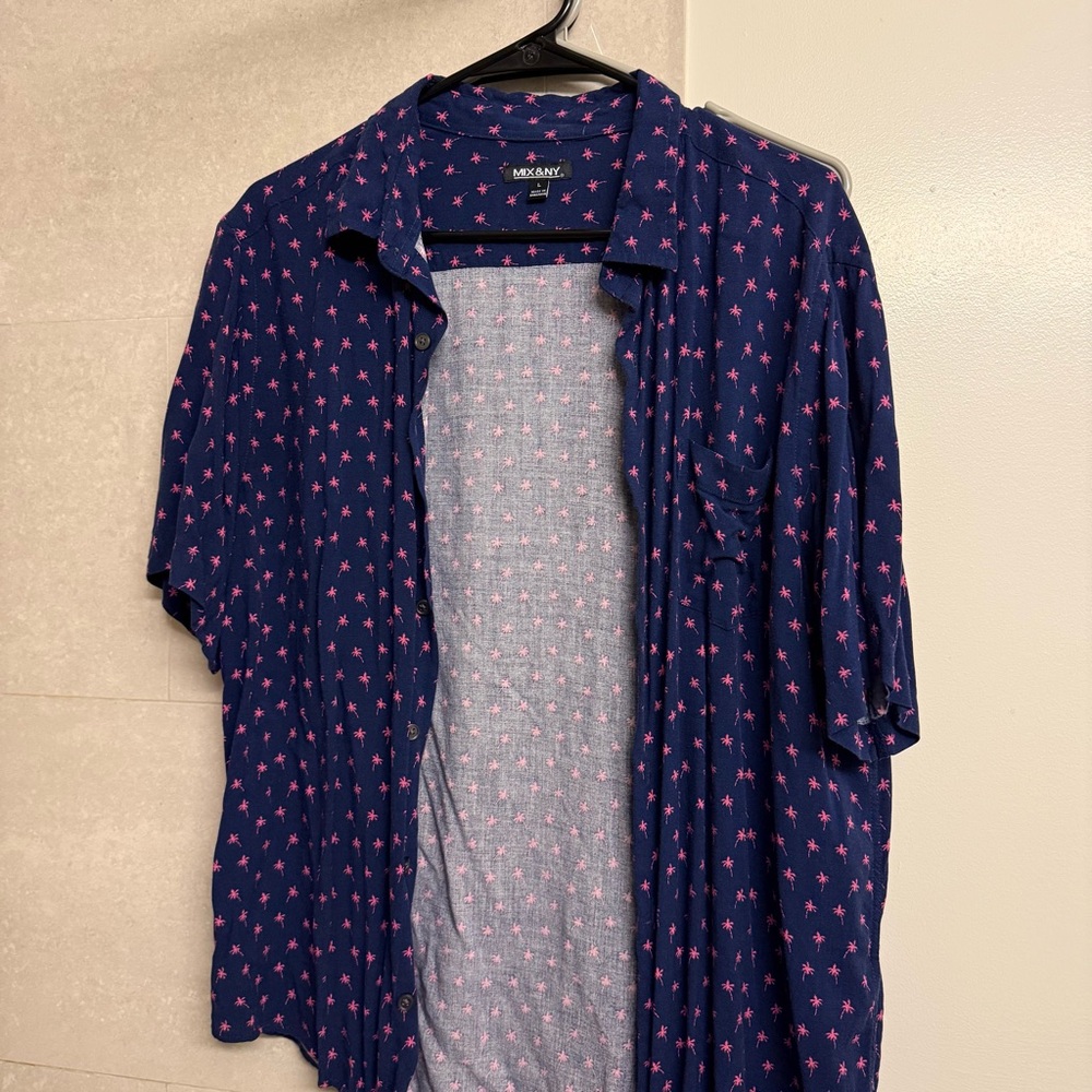 Men’s Palm Tree Button Down Shirt - L - Blue